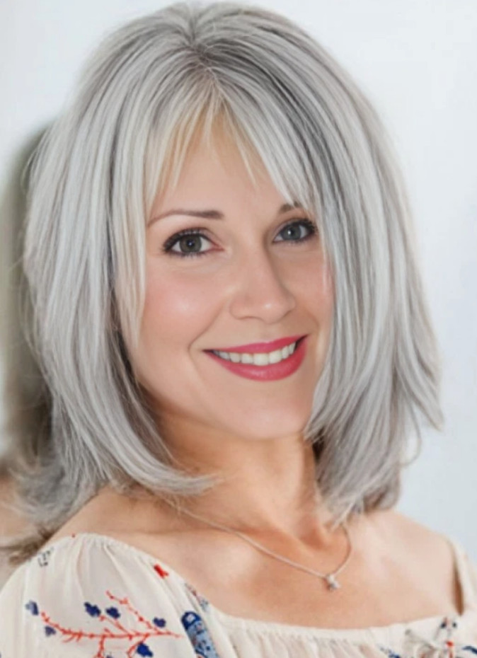 Shoulder Length Gray Mix Synthetic Hair Wigs Women Soft Natural Daily use