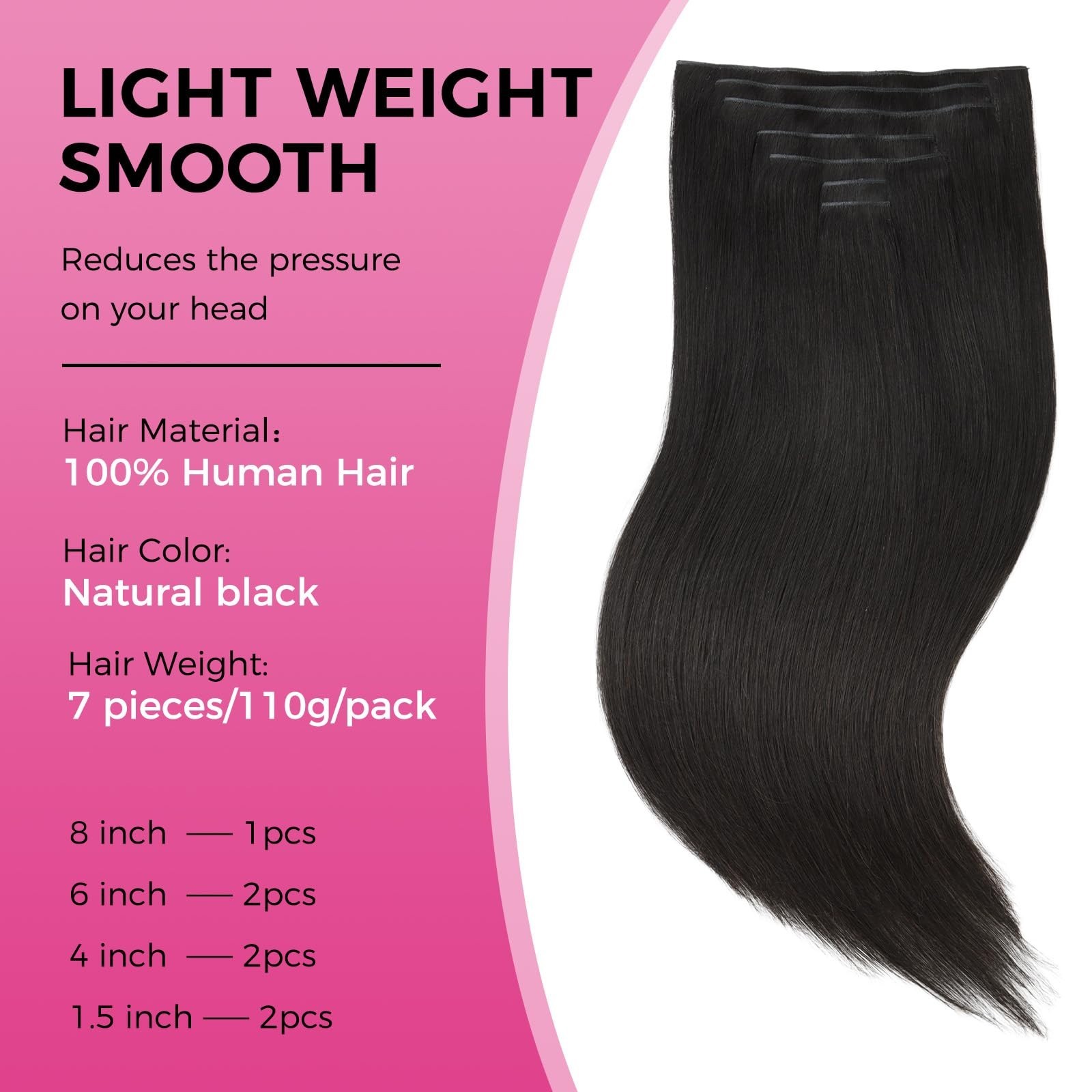 Seamless Clip-In Hair Extensions 110g, Real Human Hair, Natural Black, 16 Inch,