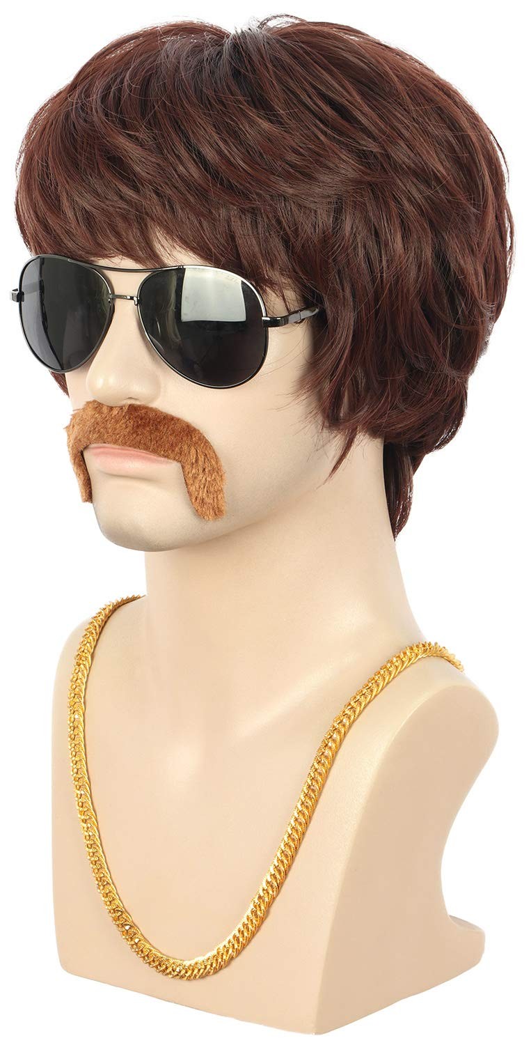 Adult Men Short Straight Brown California 70s 80s Rocker Moustache Disco Wig …