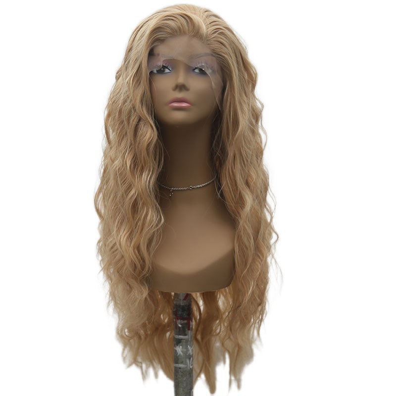 Women Long Wavy Lace Frontal Wigs Heat Resistant Hair Mixed Blonde Pre Plucked