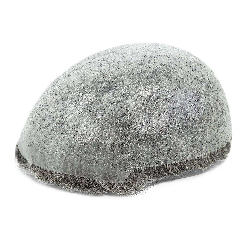 Toupee for Men Human Hair System Unit 0.05mm Thin Skin BIO Grey Hairpieces #365