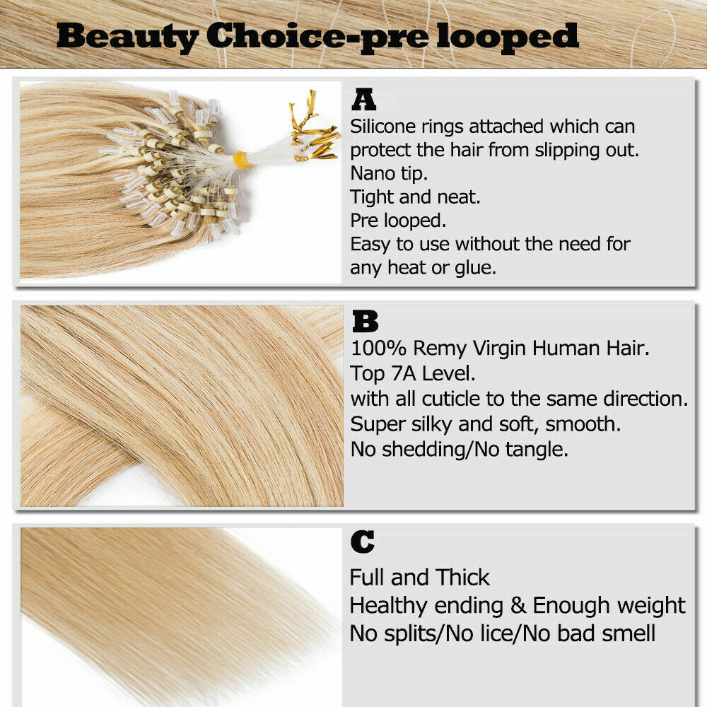 Fish Line Loop Micro Ring Beads Link Indian Remy Human Hair Extensions Straight