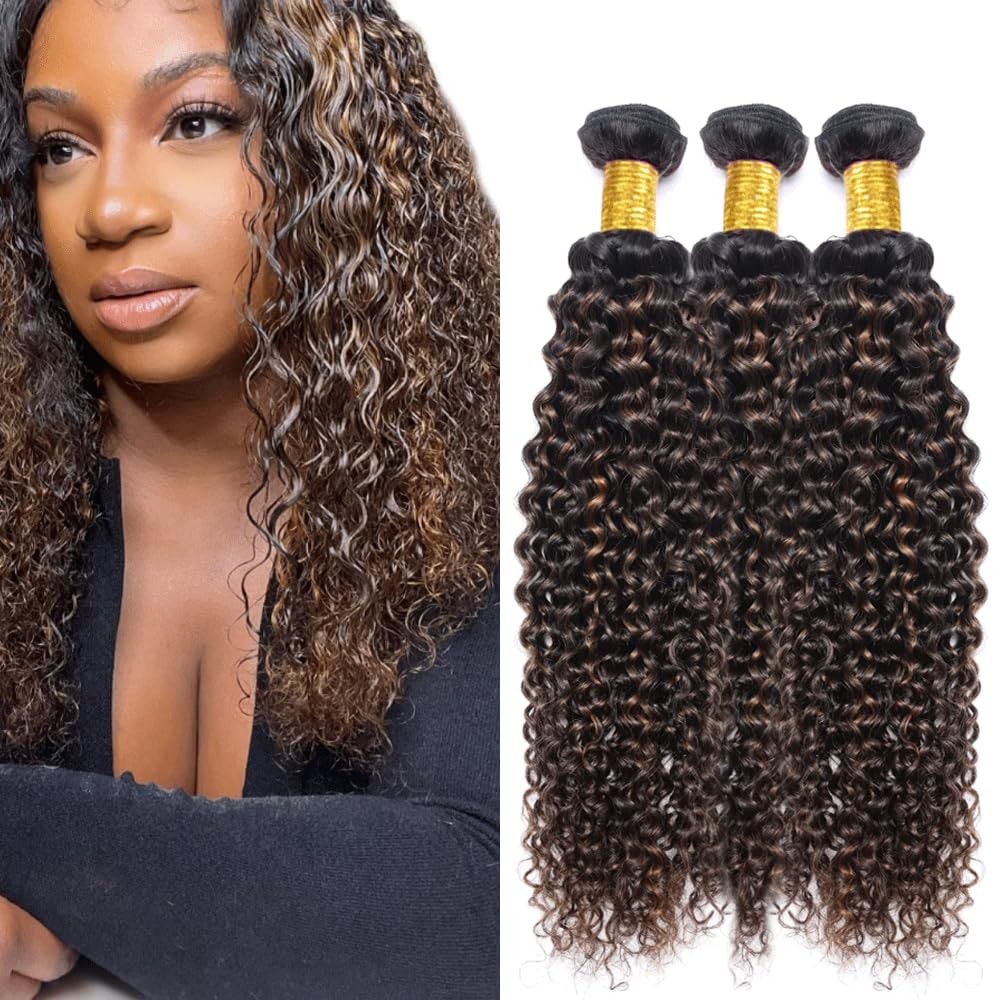 Ombre Bundles P1B30 Kinky Curly Human Hair Bundle 1B30 Highlight Brown Curly …