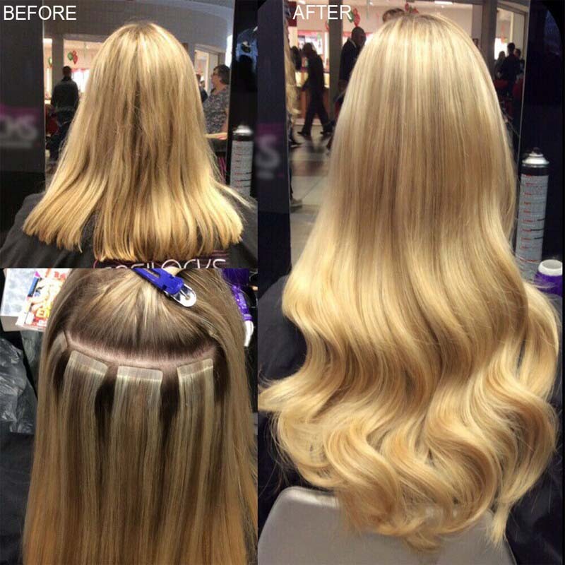 Thick 200g 80pcs Tape In Remy Human Hair Extensions Skin Weft FULL HEAD BLONDE F