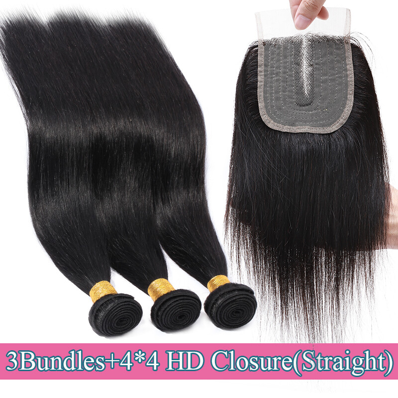 Straight 4*4 Lace Closure with 3 Bundles Weave Weft Virgin Human Hair Extensions