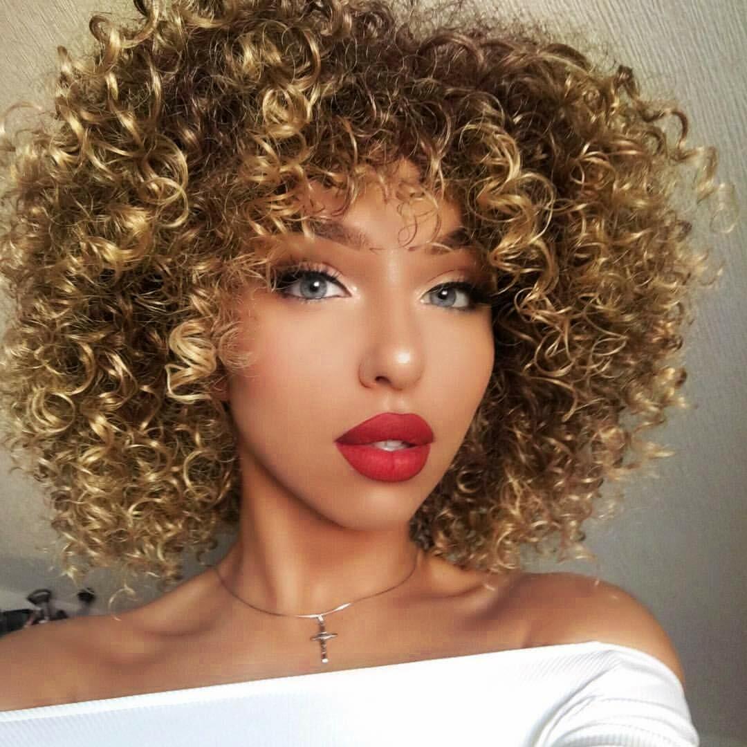 Women Ombre Blonde Short Curly Afro Wigs With Bangs Kinky Curly Wig Synthetic