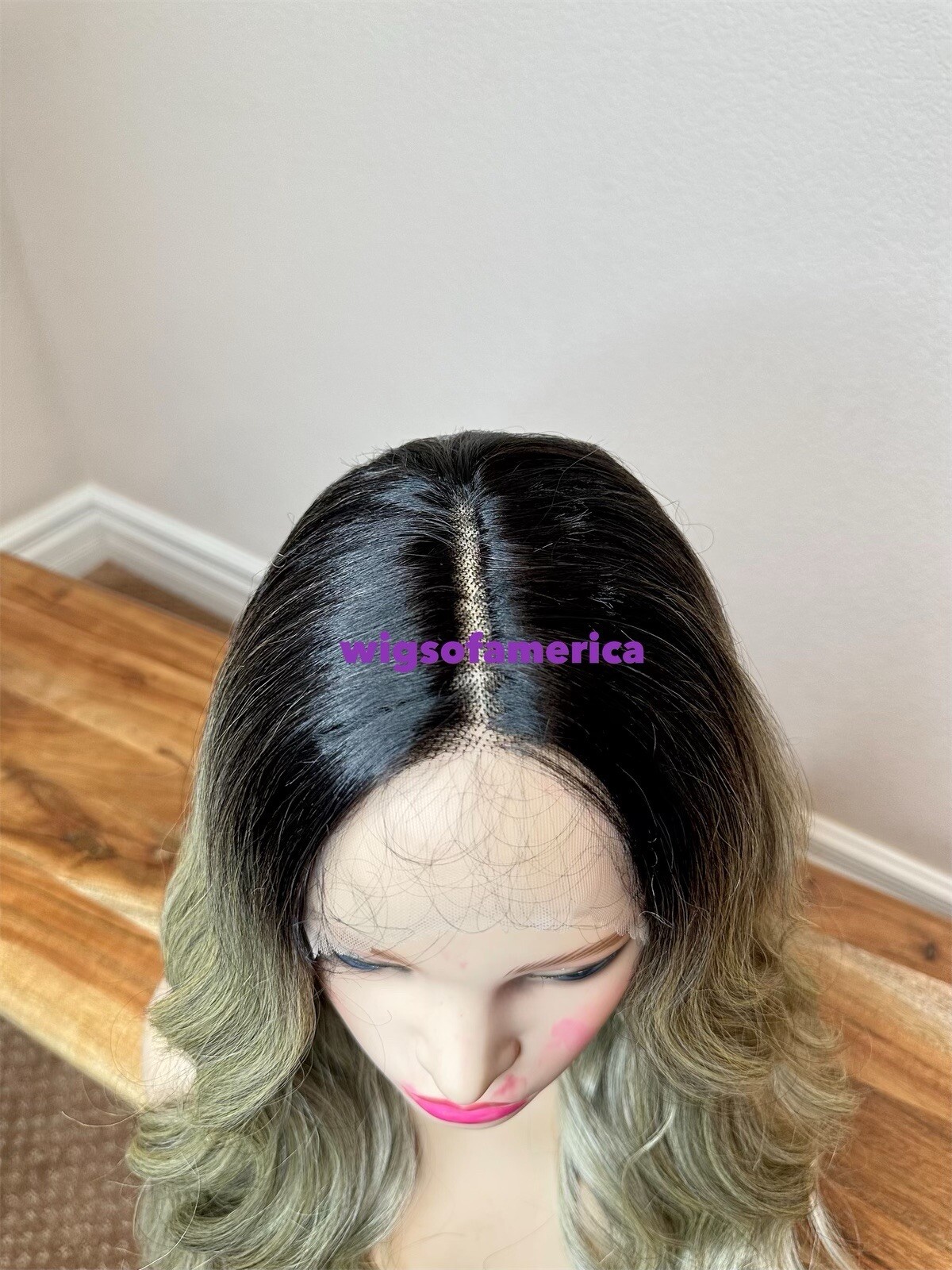 Ash white light greenish Wig black middle part lace front 22 inch long heat ok