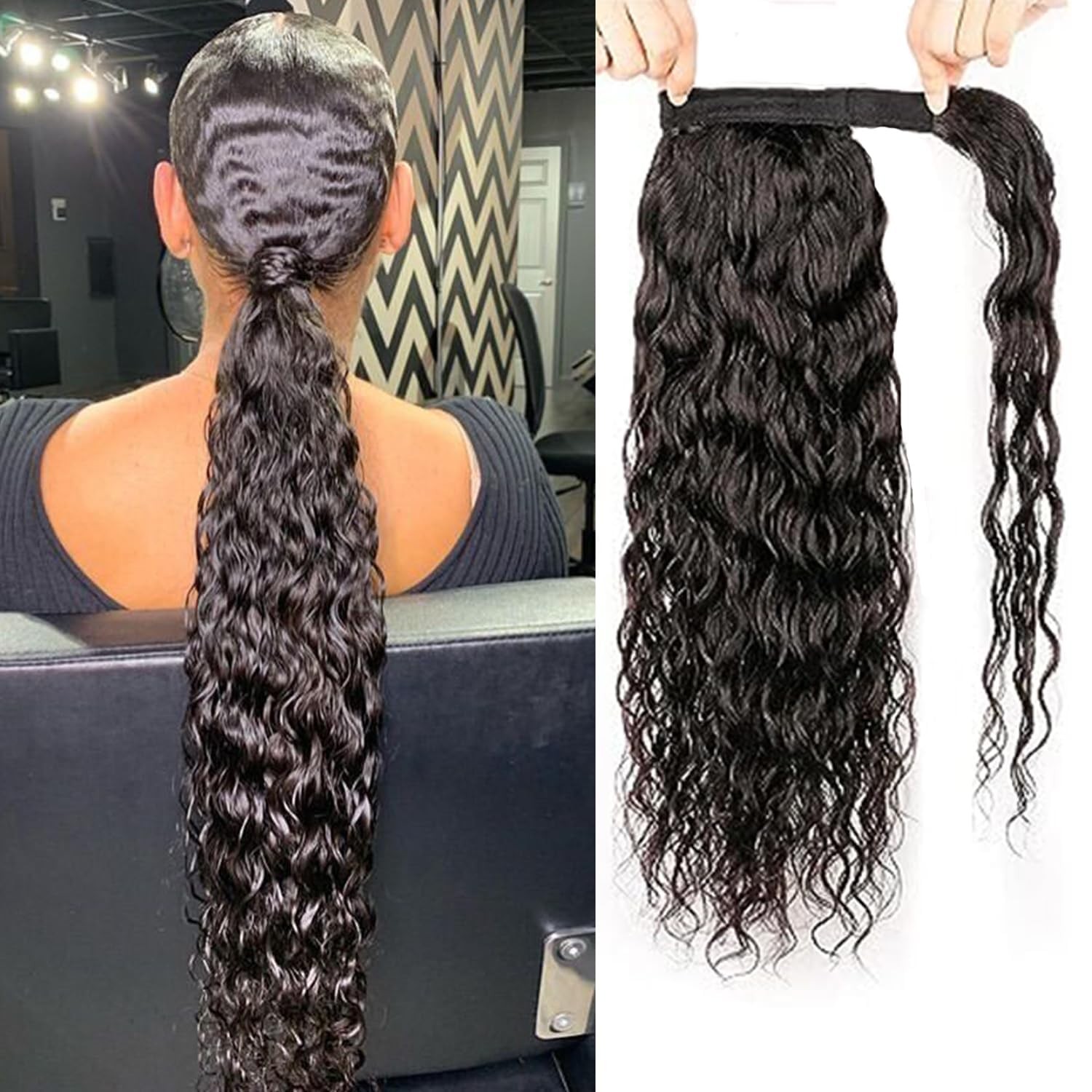 Water Wave Ponytail Extensions Human Hair Wrap Around Corn Wave Pony Paste Br…