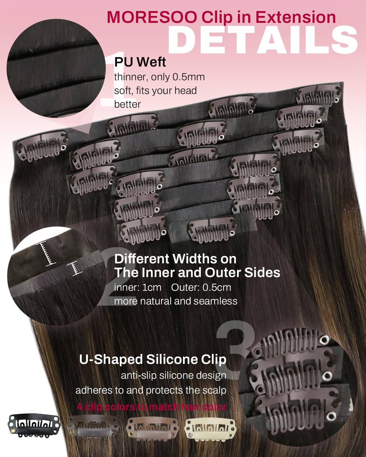 Clip in Hair Extensions 120G 20″ Dark Brown Balayage Seamless PU Skin