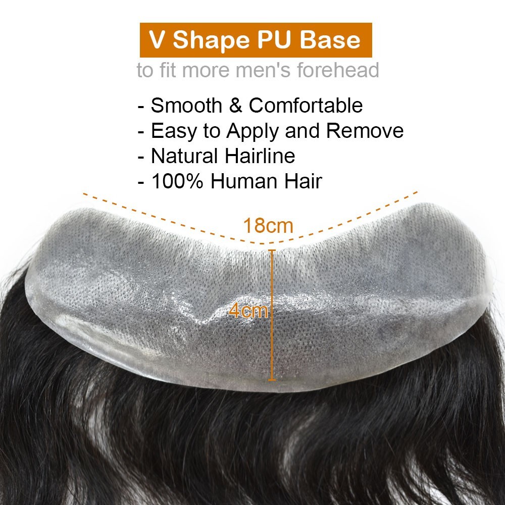 Men Frontal Invisible 100% Human Hairpiece Natural Hairline V-Loop Skin PU