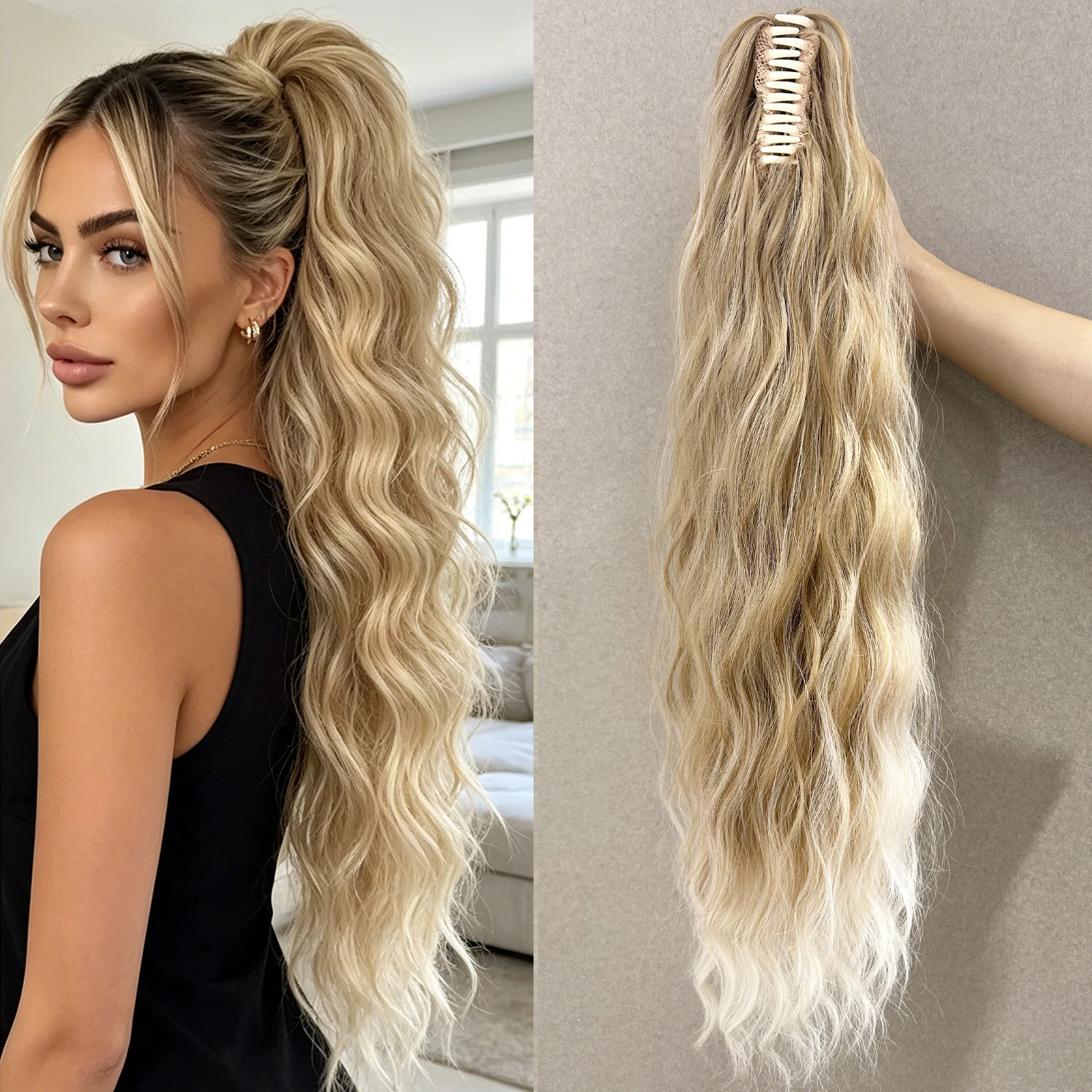 Fluffy Black Brown Water Wave Ponytail Extensions Synthetic Claw Clip for Women