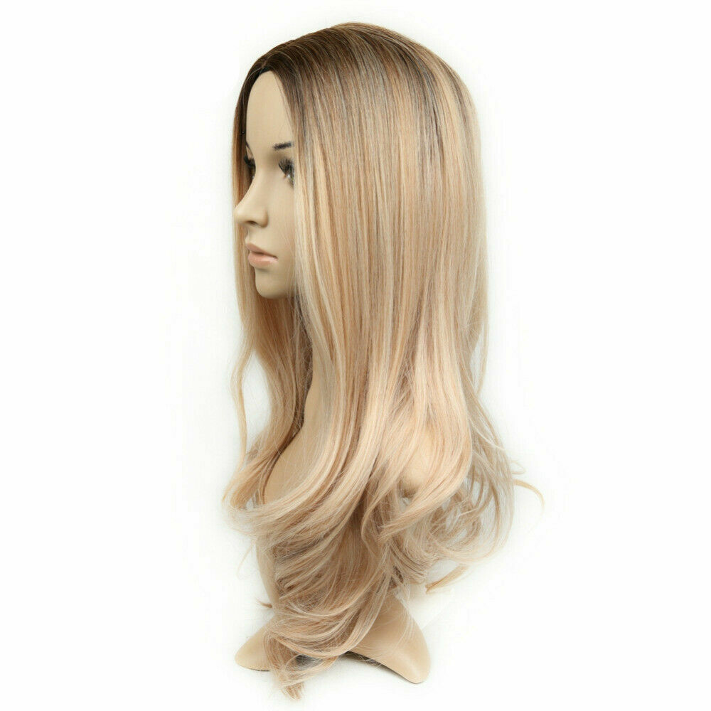 Women Lady Dark Brown Gold Ombre Long Wavy Curly Blonde Wig Synthetic Hair