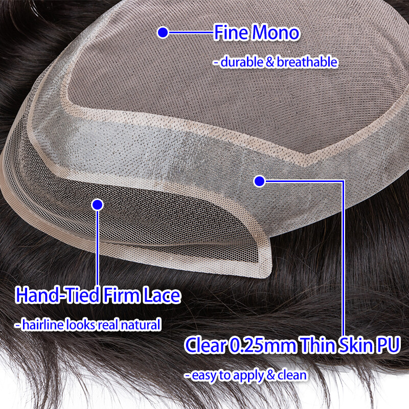 Mens Toupee Thin Skin PU/MONO Real Remy Human Hair Piece Toupee Replacement Wig