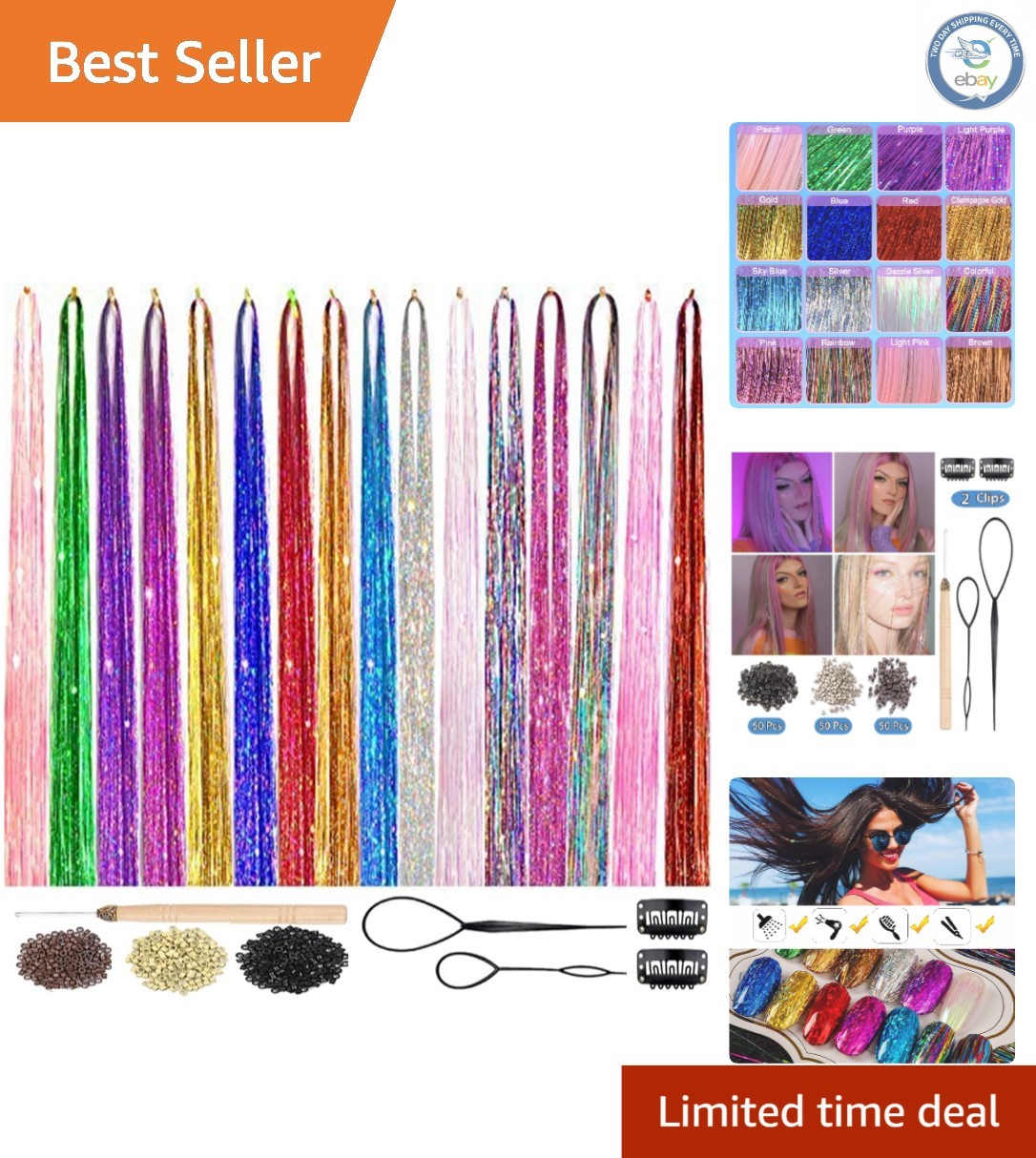 16 Color Fairy Hair Extensions Kit – 48 Inch Heat Resistant Sparkling Strands