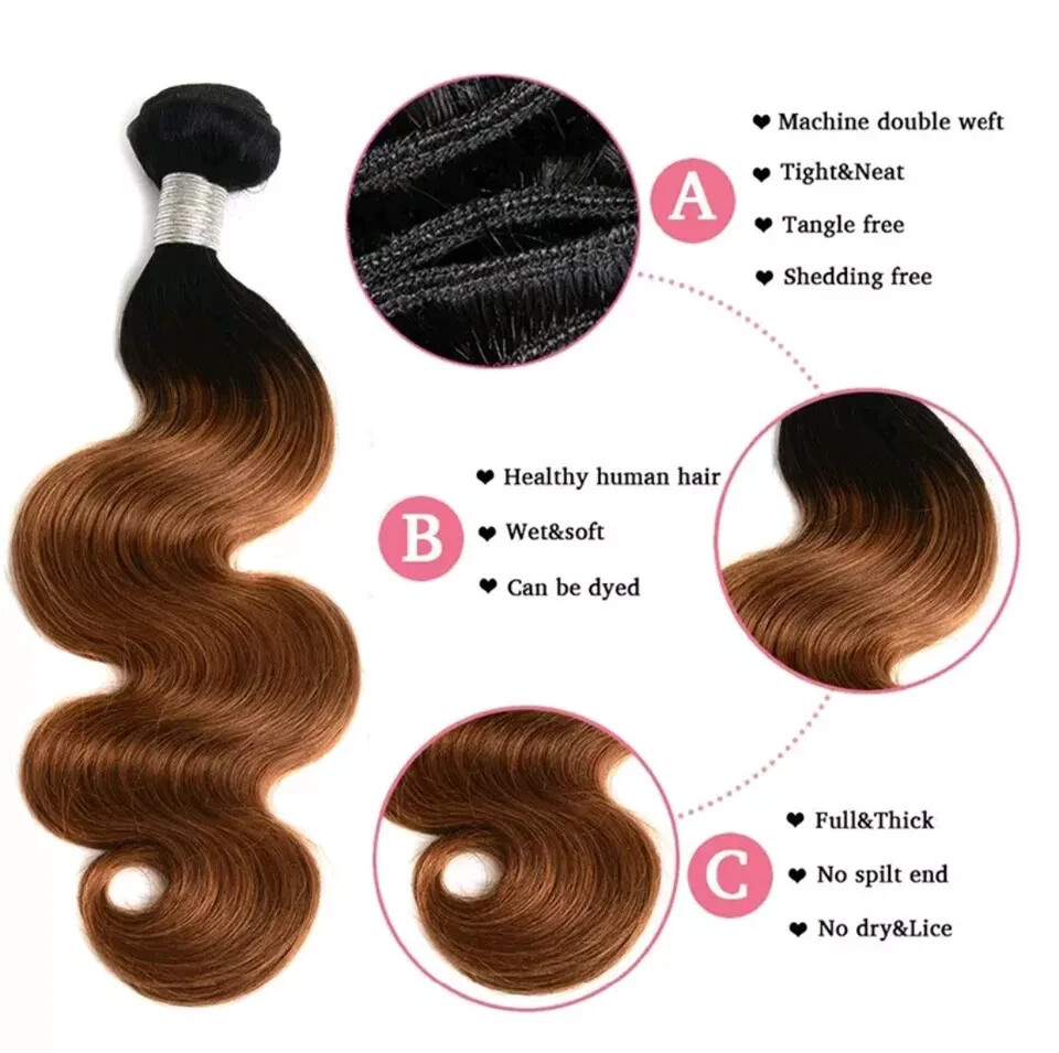 12A PERUVIAN VIRGIN HUMAN HAIR 2TONES OMBRE 1B#/30# 20+20+20&18INCH CLOSURE 350g