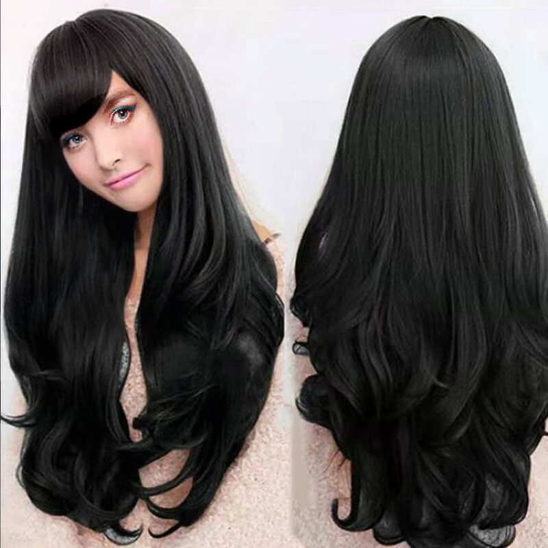 Black Fashion Long Curly Wigs Cosplay Costume Hair Anime Full Wavy Party 80cm