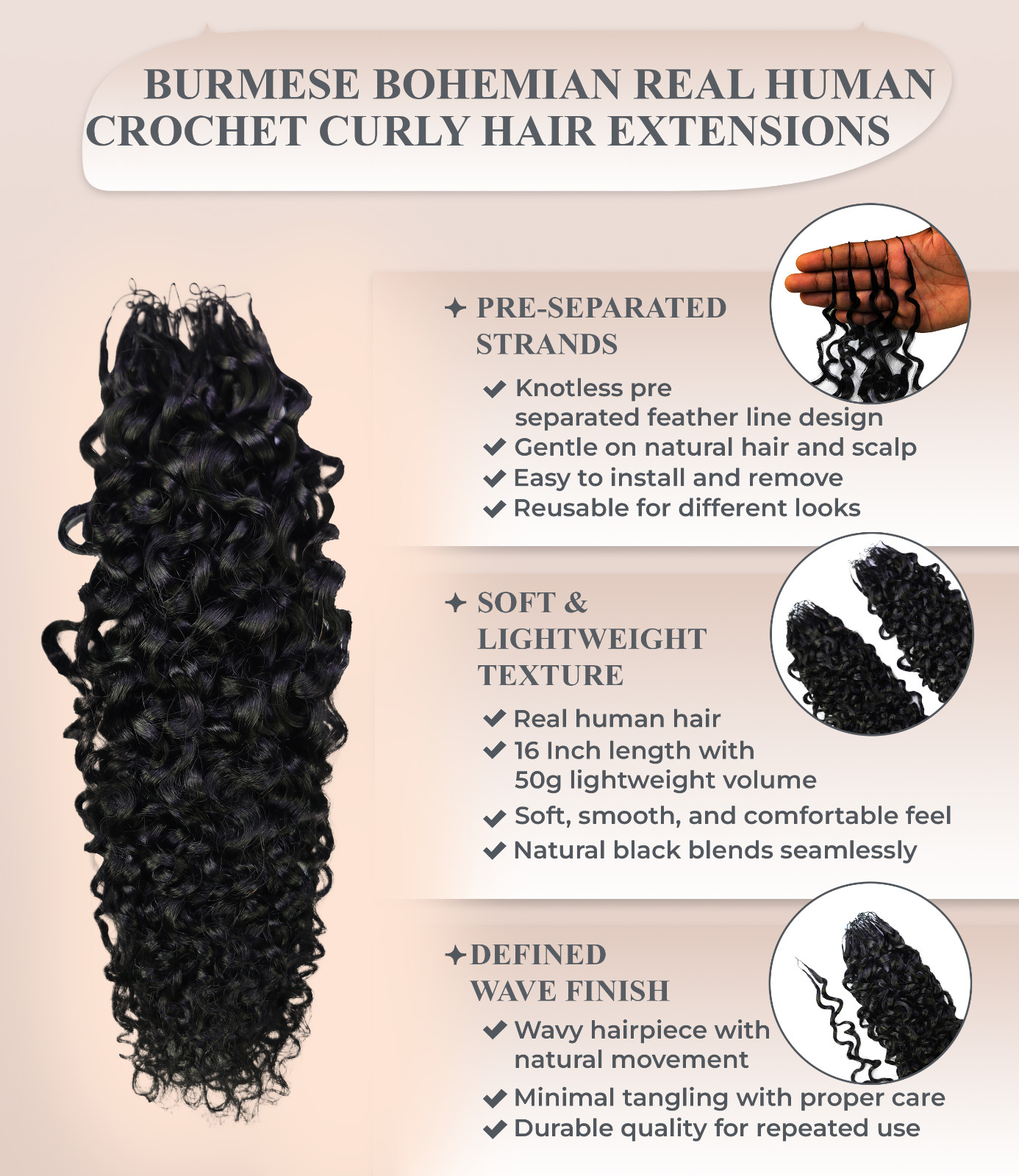 Human Hair Crochet for Black Women Burmese Bohemian Curly Hair Extension 50g 18″
