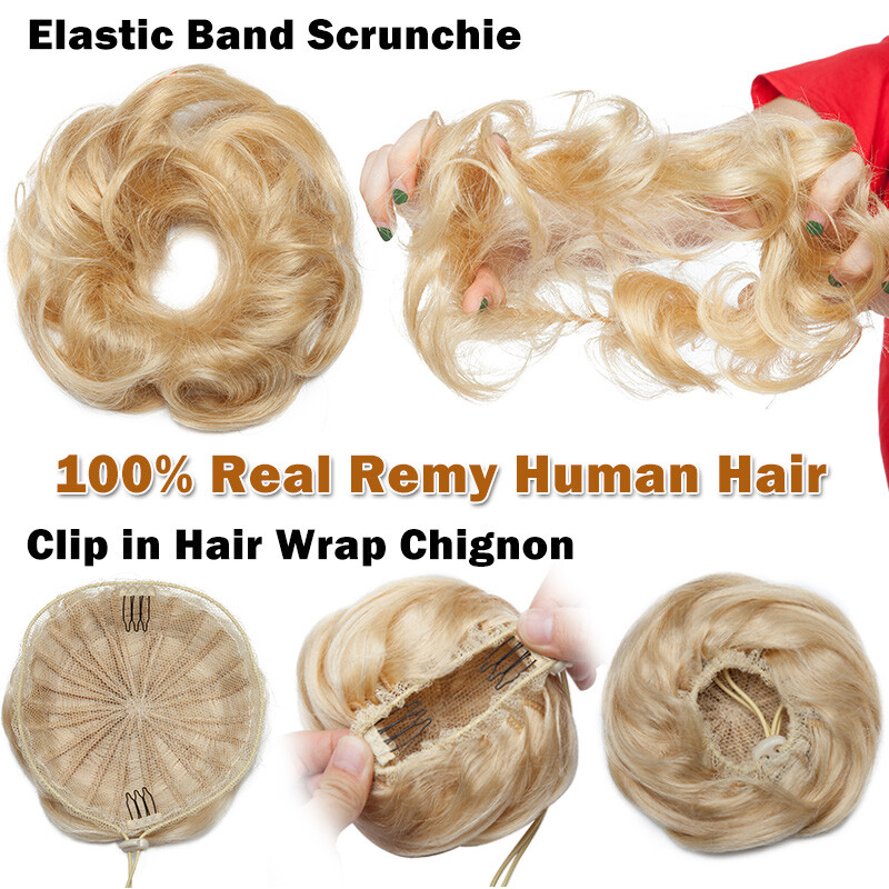 100% Real Human Hair Piece Clip In Wrap On Around Chignon Messy Bun Elastic Band