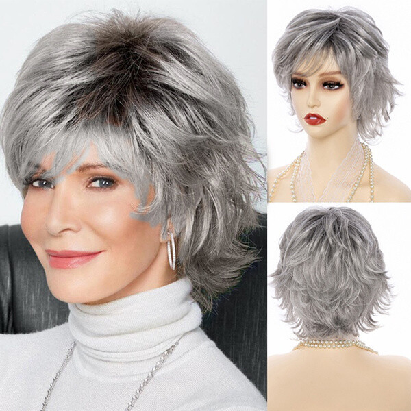 Women Short Gray Wigs Ombre Grey Hair Pixie Cut Wigs for Daily Wear Natural Wigs