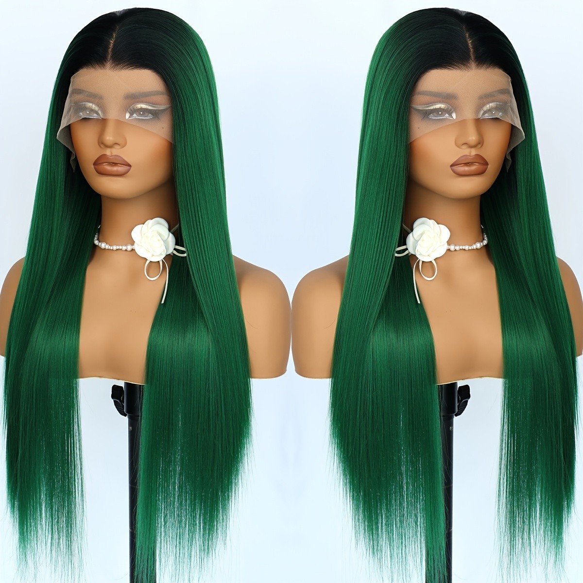 Long Straight Hair Wig Ombre Green Lace Front Wigs Glueless Heat Resistant Fiber