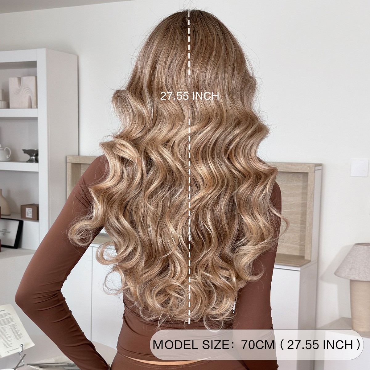 Natural Brown with Golden Highlights Long Wig with Full Bangs Simulated Scalp