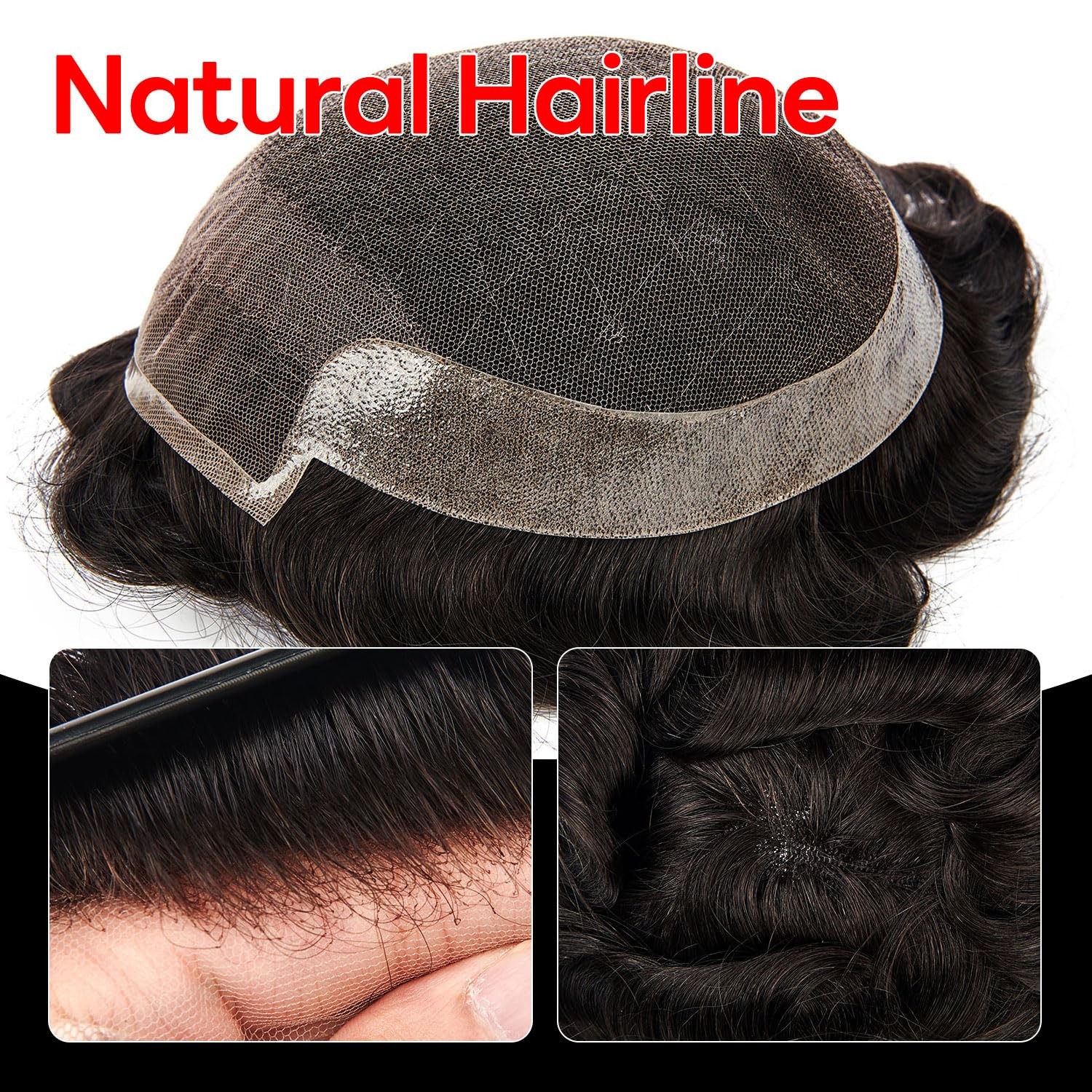 Mens Toupee Human Hair Replacement System French Lace Front Poly Skin Hairpiece