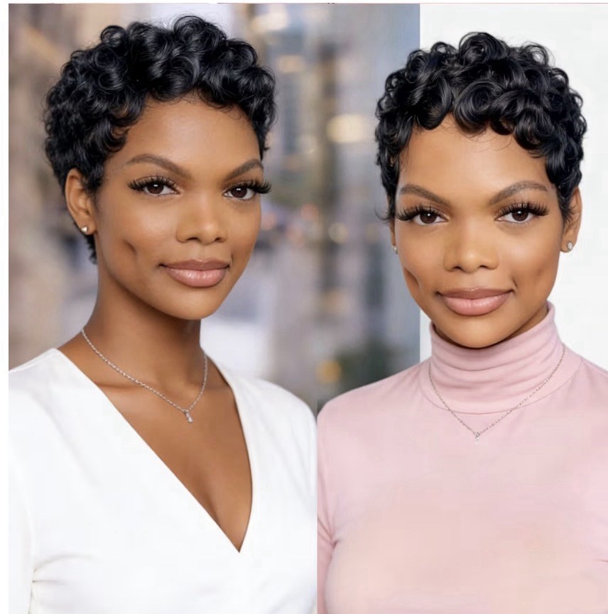 Women Adult Short Curly Black Pixie Wig, Curly Texture, Natural Theme