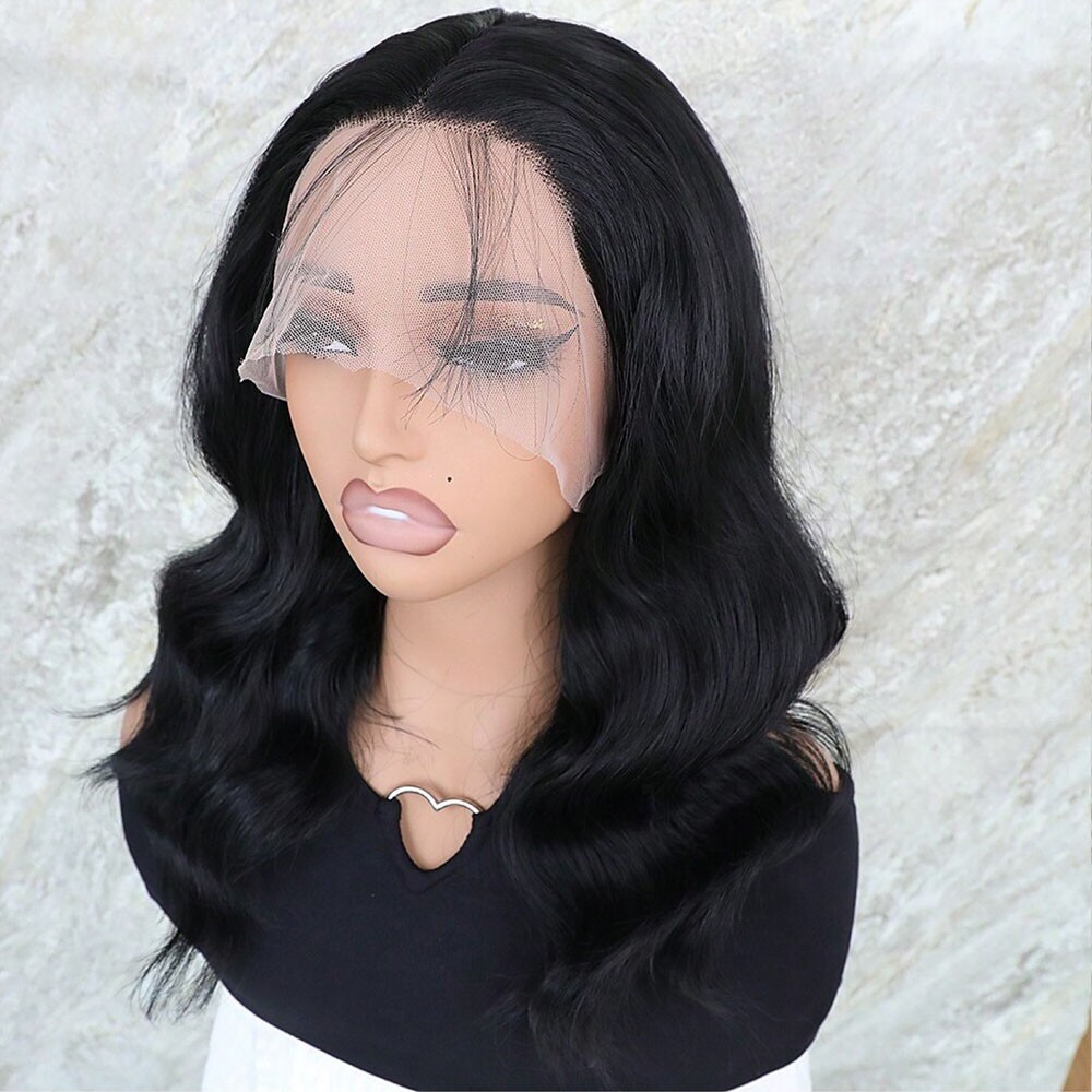 Short Body Wave Lace Front Wigs Soft as Human Hair Pre Plucked Natural Black Wig