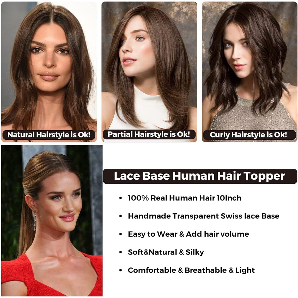 100% Remy Clip In Human Hair Topper Hairpiece Toupee w/ Bang Silk Base For Women