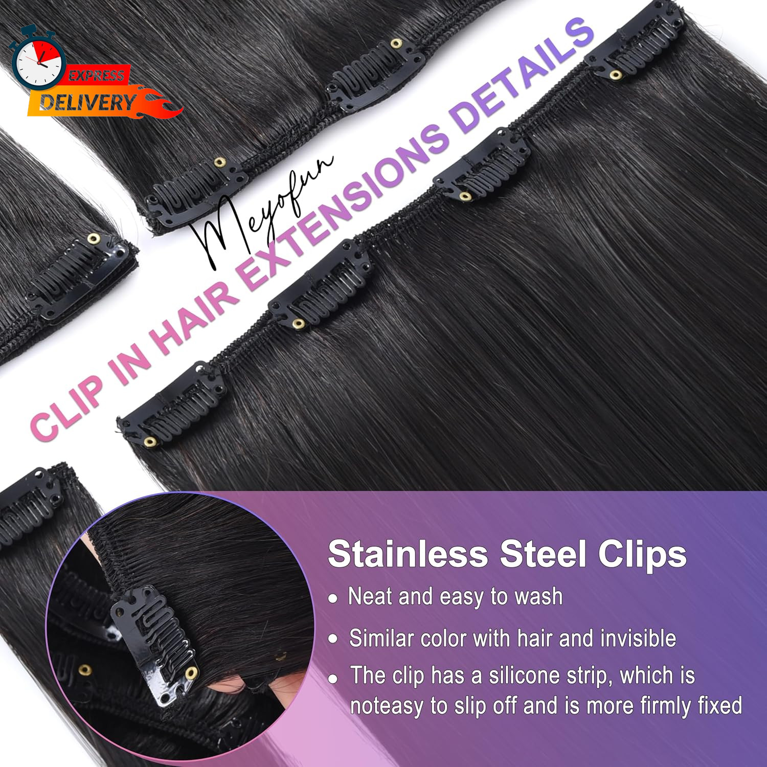 Clip in Hair Extensions Real Human Hair, 20 Inch 105G/3.7Oz, 1B Natural Black, I