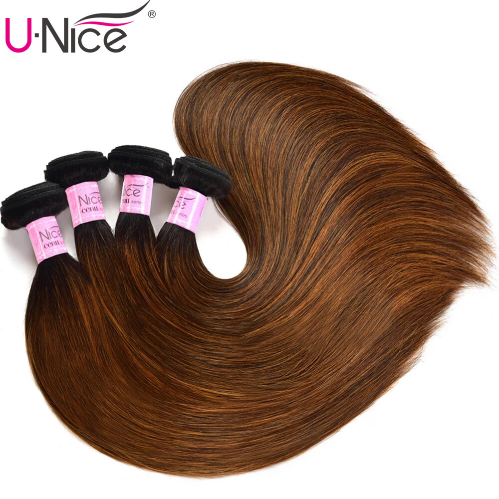 UNice Indian Ombre Brown Balayage Straight 3 Bundles Human Hair Weave Extensions