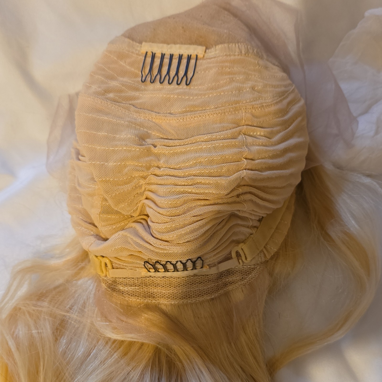 Long Wavy Blonde Human Hair Wig Clip-In Classic Cap Adjustable Straps 2 Clips