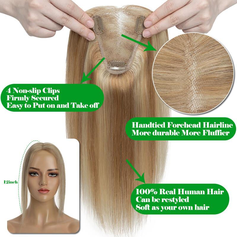 Free Part Clip In 100% Remy Human Hair Piece Top Topper Hand-Tied Lace Hairpiece
