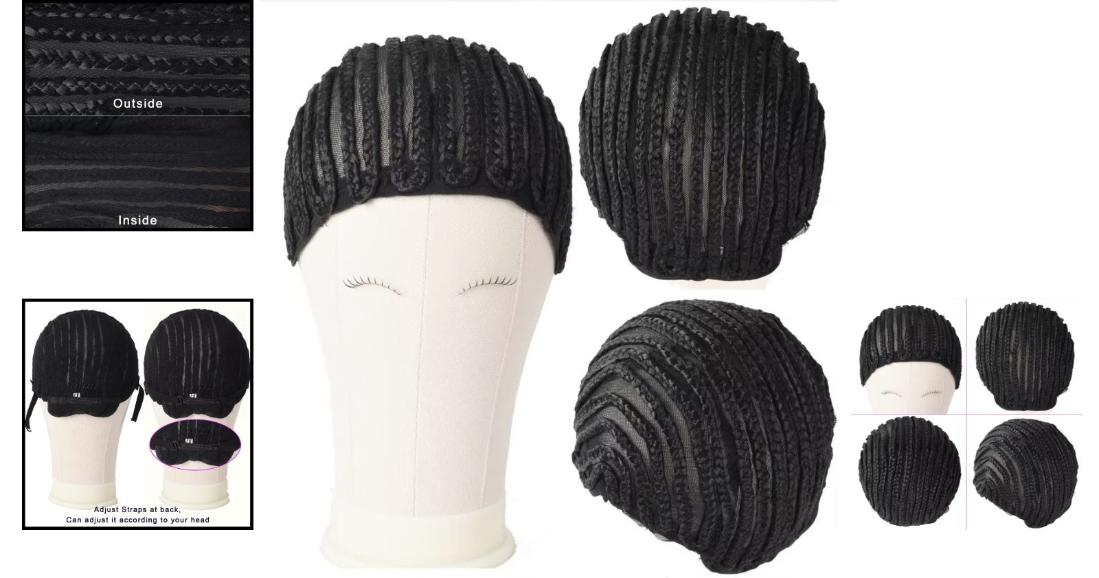 Breathable Black Braided Wig Cap with Adjustable Straps & 2 Combs for Secure Fit