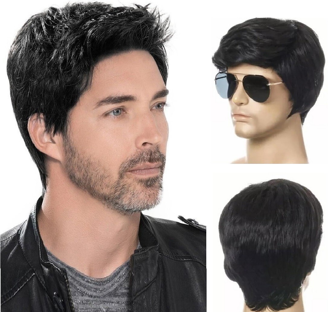 Men’s Black Men Wig Short Full Wigs Little Wavy Synthetic Straight Hair Daily US