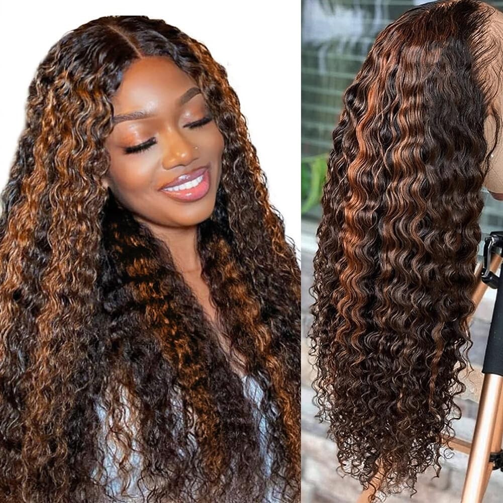 Highlight Ombre 4×4 Lace Front P1B/30 Deep Wave Human Hair Wig w/ 4 Combs