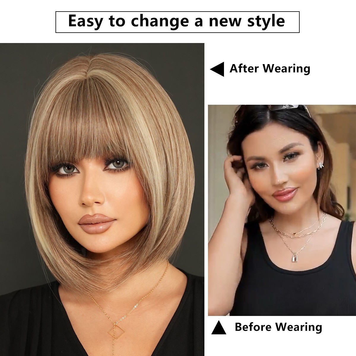 Short Bob Wig Brown Blonde mix Beige Highlight Full Head Fashion Sythenic Wigs