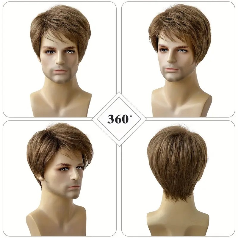 Men Wig Brown Layered Short Beanie Hairpiece Male Universal Cosplay Glueless Wig