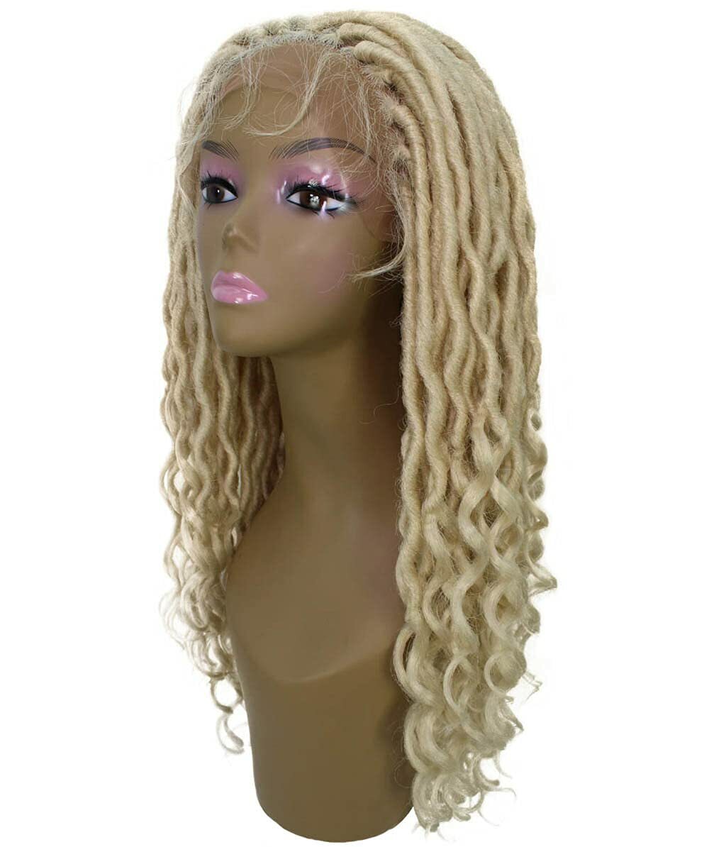 LUXLUXE Andrea 4×4 Curly Long 4X4 Hand Tied Lace Braid Light Blonde Wig