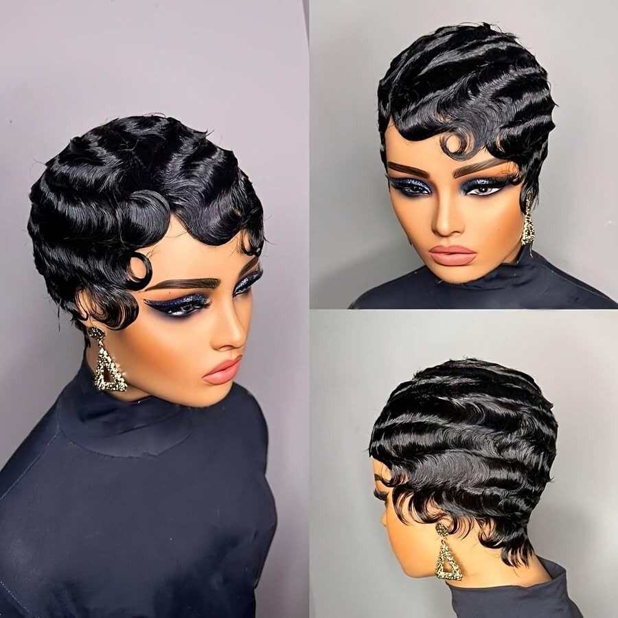 Black Finger Wave Human Hair Wig 4Inch Short Pixie Cut Wigs Brazilian Virgin Hum