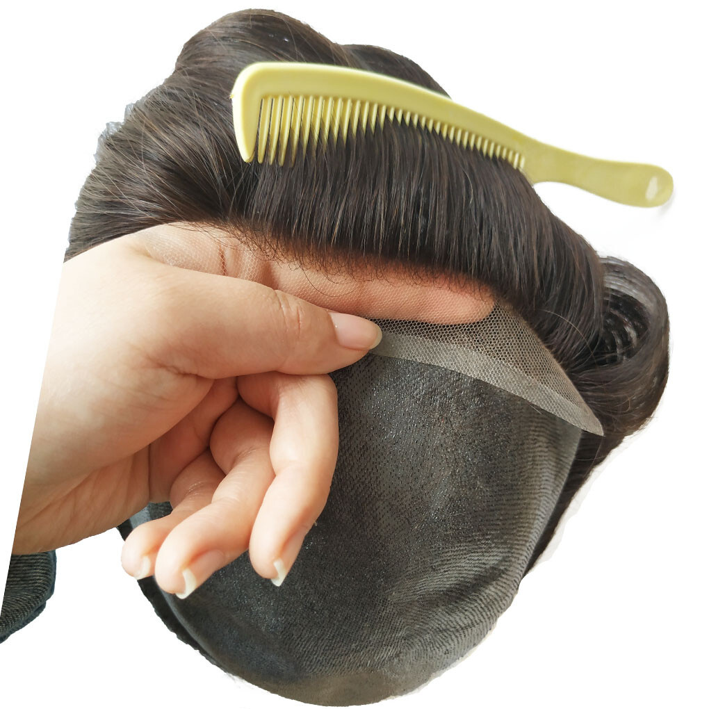 Natural Hairline Mens Toupee Lace Front Skin Hair Replacement System For Men