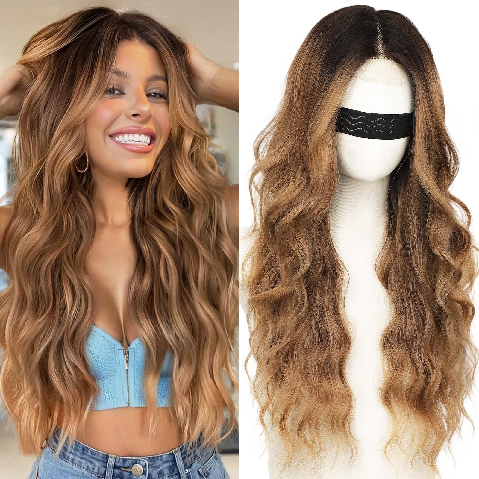26In Long Wavy Wig – Brown & Blonde Mixed, Heat-Resistant, Natural Hairline, Mid