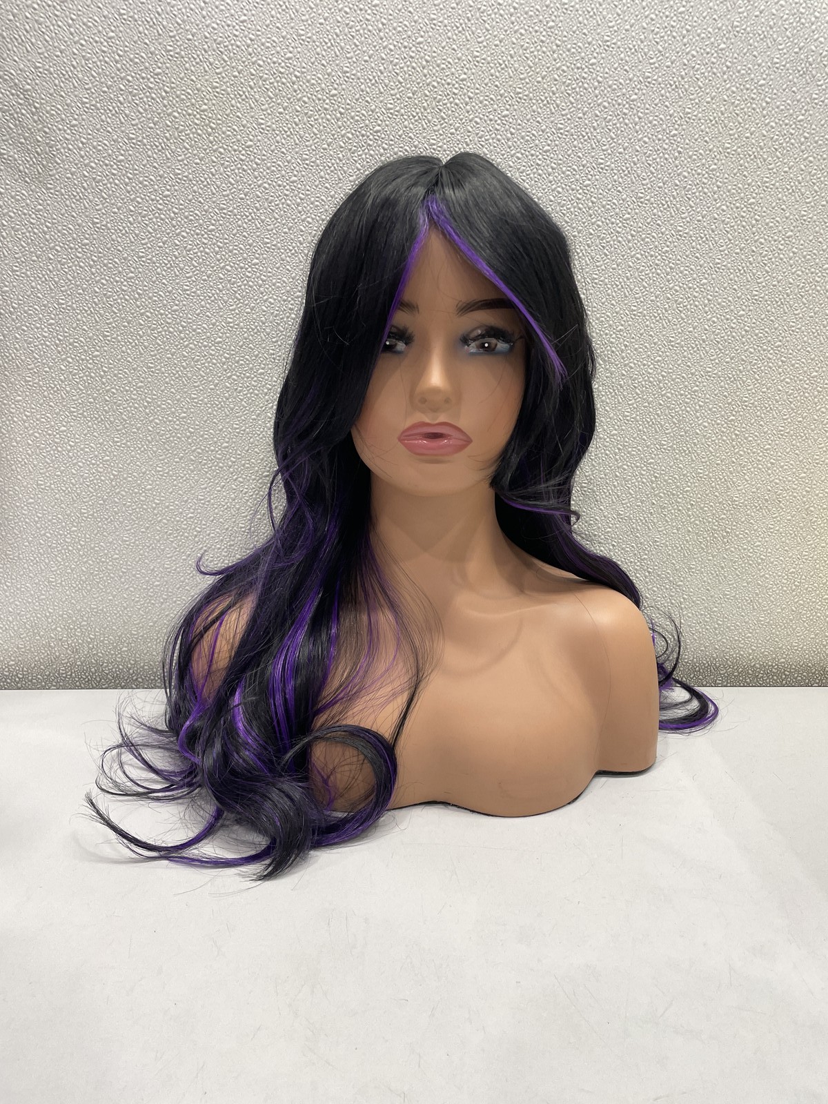 Highlight Purple Mix Black Synthetic Layered Glueless Wig, 24″