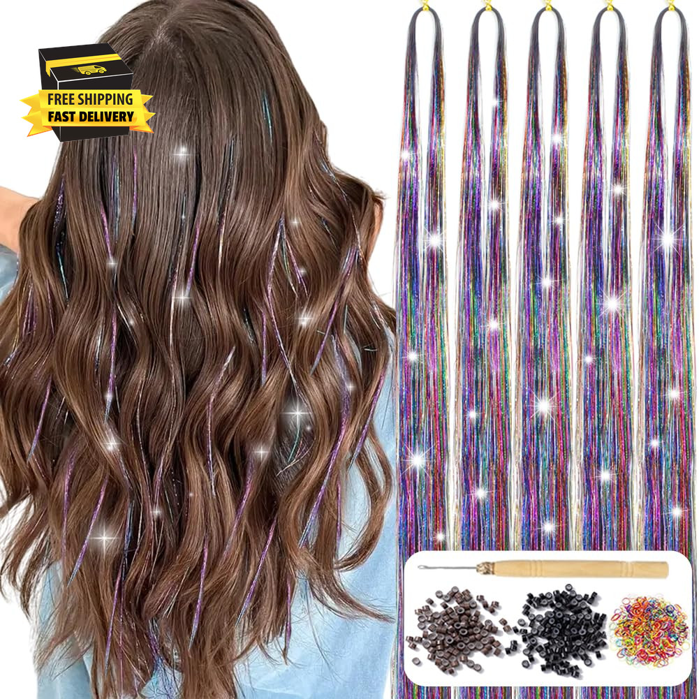 Hair Tinsel, (48 Inch 5Pcs 1200 Strands) Colorful Glitter Tinsel Hair Extensions