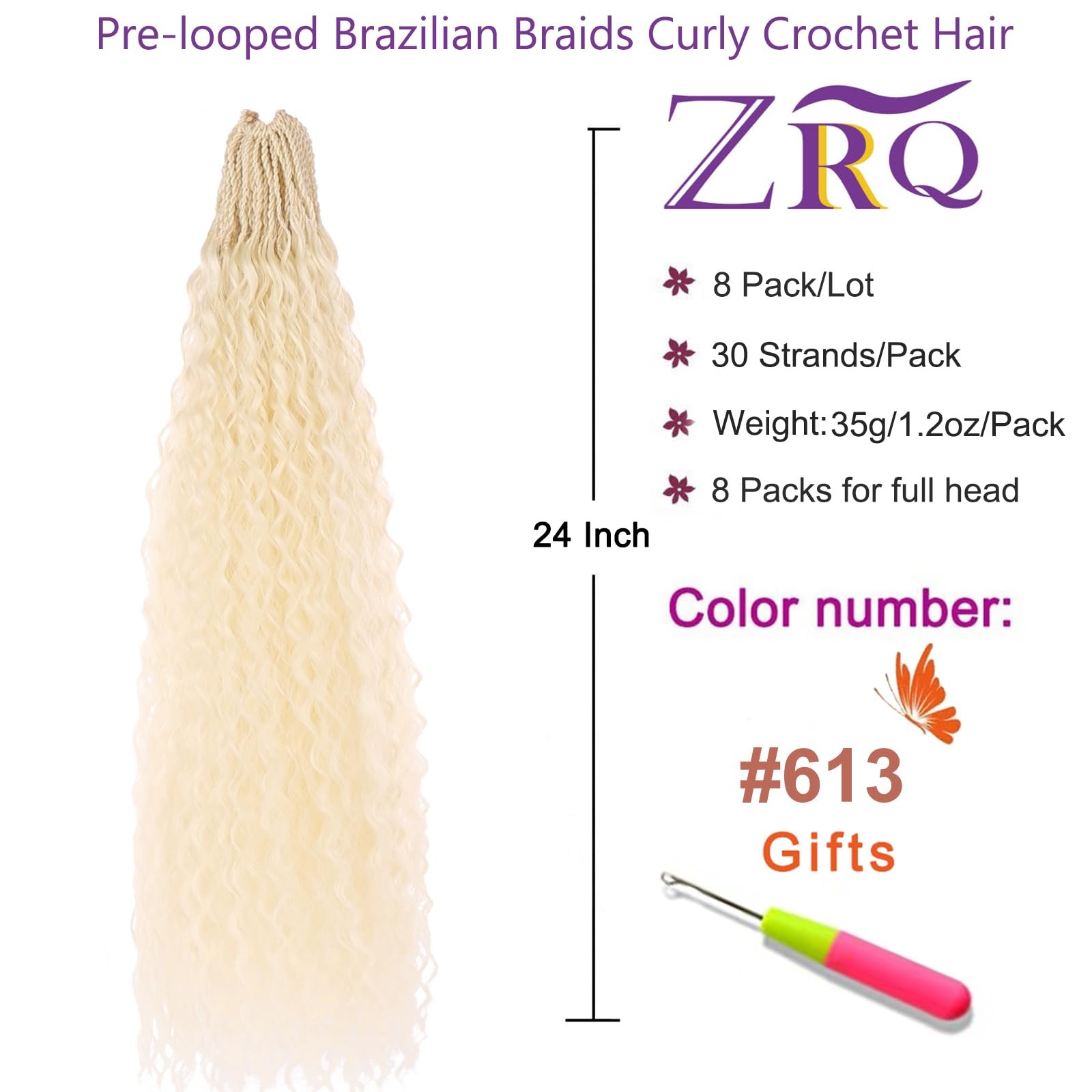 ZRQ Pre looped Micro Brazilian Braids Curly Crochet Hair 24 inch Water Wave Croc