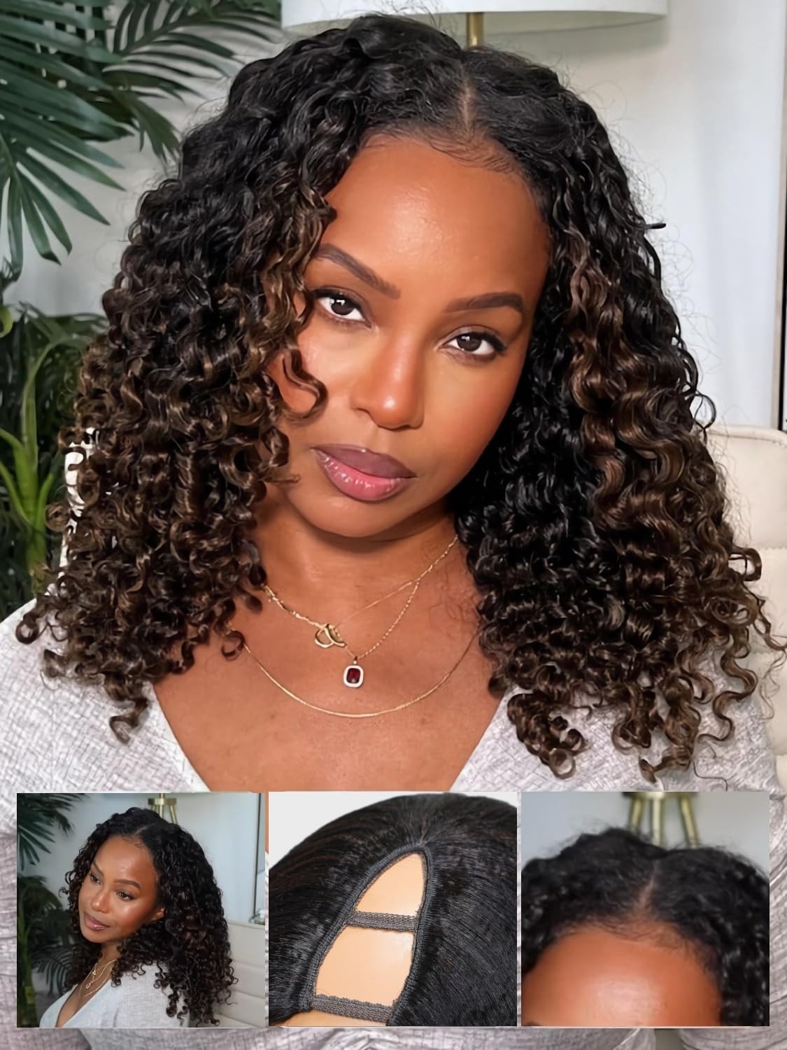Curly V Part Wig 18″ Human Hair Ombre Black to Chestnut Brown, Glueless Clip-In,