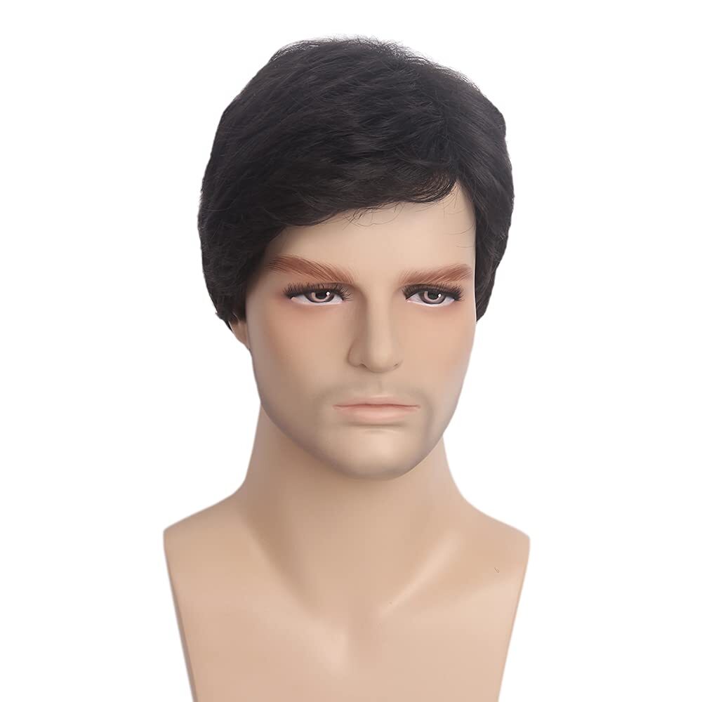 Men’s Black Men Wig Short Full Wigs Straight Little Wavy Synthetic Hair Daily US