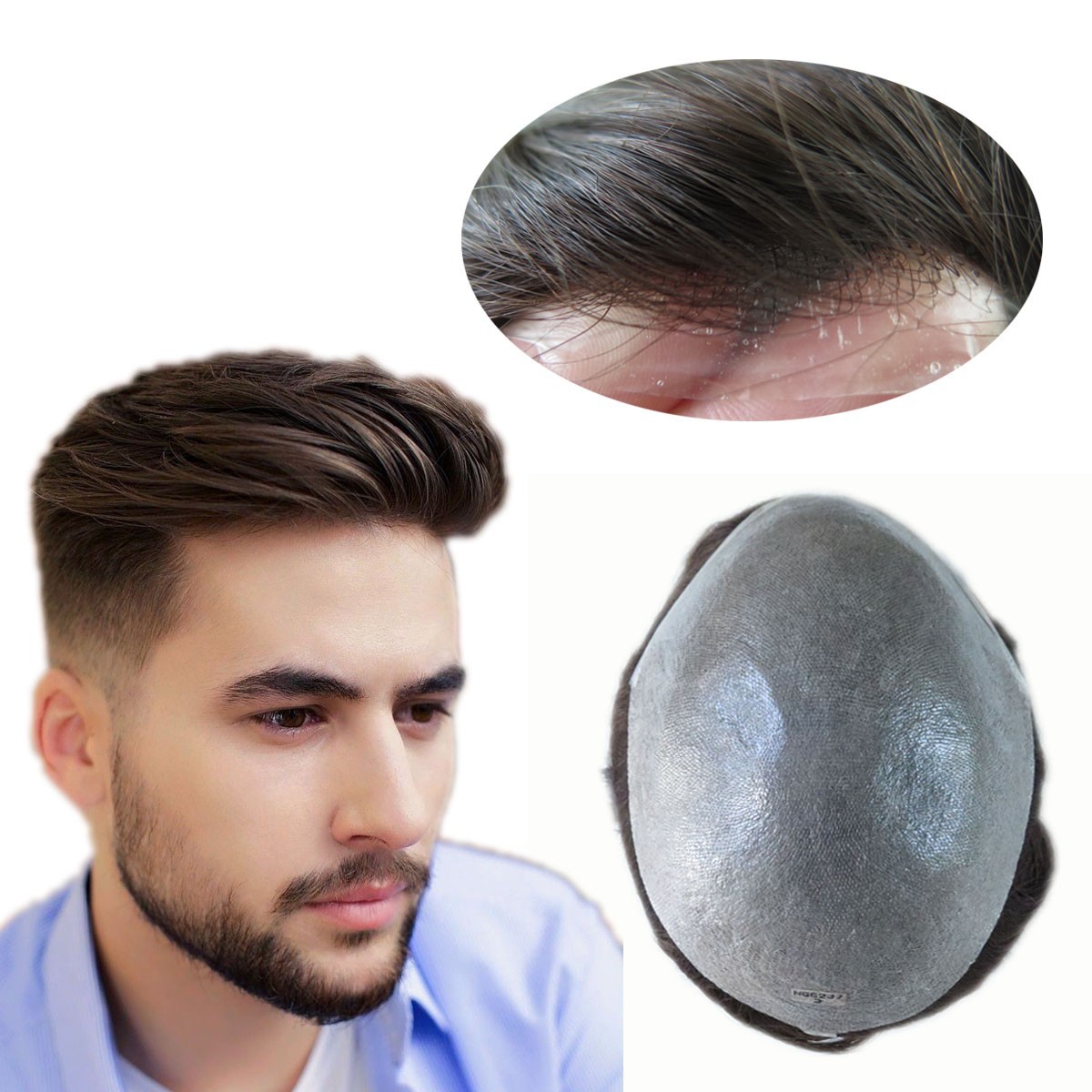Toupee Mens Human Hair Replacement System 0.02mm Ultra Thin Skin Hairpieces #3