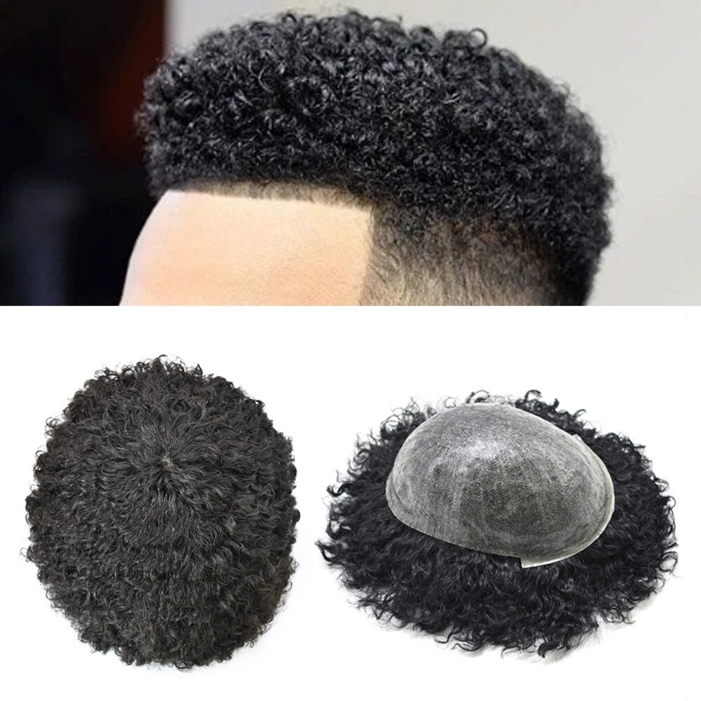 Hair Units for Black Men Afro Kinky Curly Mens Toupee Afro Wave Human Hair Piece