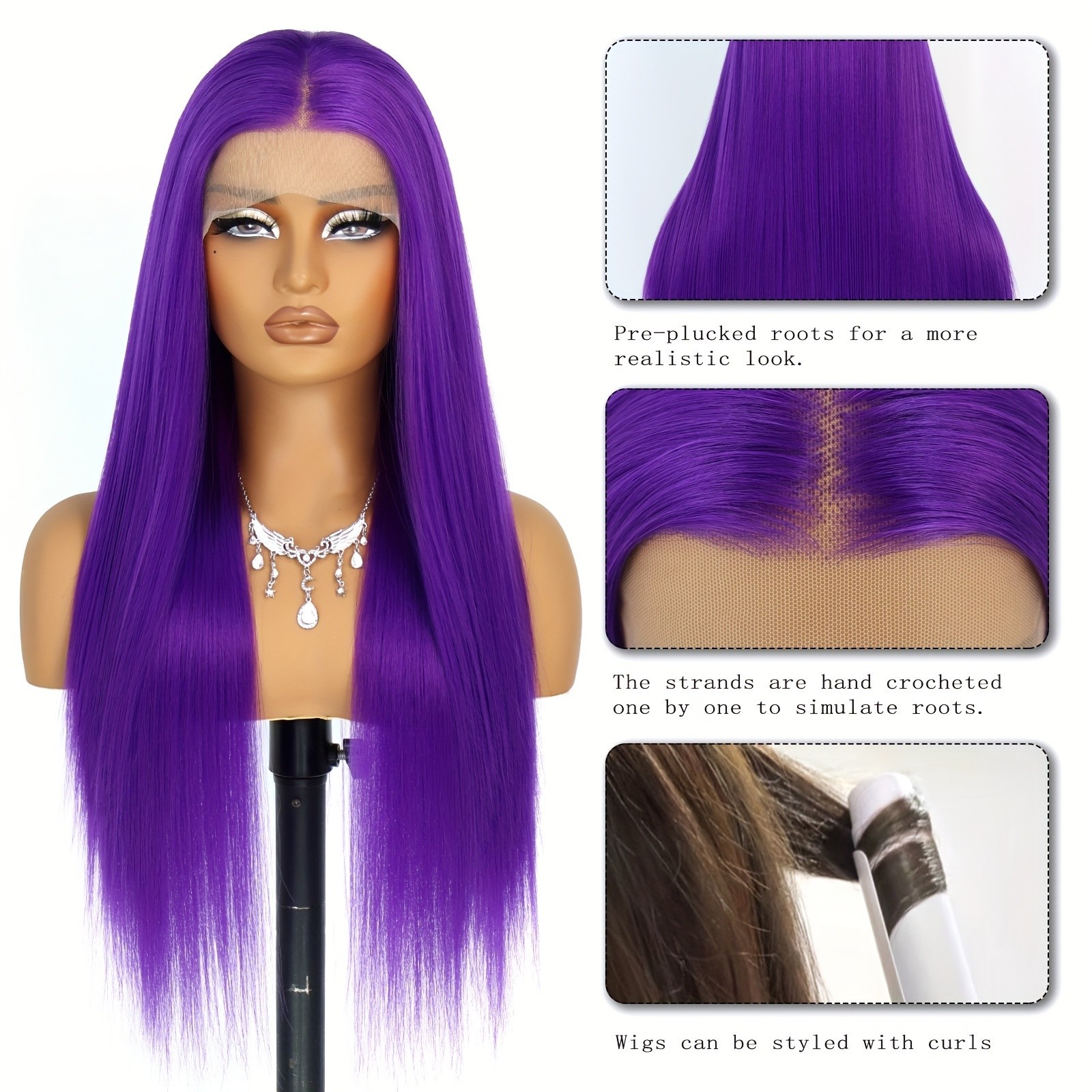 Synthetic Long Straight Purple Hair Lace Front Wigs Women Party Heat Resistant